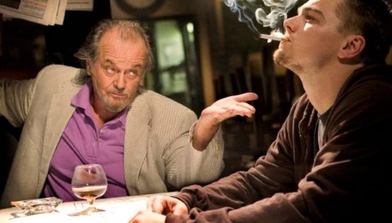 Jack Nicholson as Frank Costello and Leonardo DiCaprio as Billy Costigan on the set of The Departed (2006).