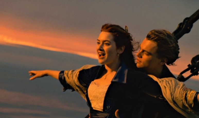 Kate Winslet as Rose, and Leonardo DiCaprio as Jack in the 1997 romance drama Titanic.