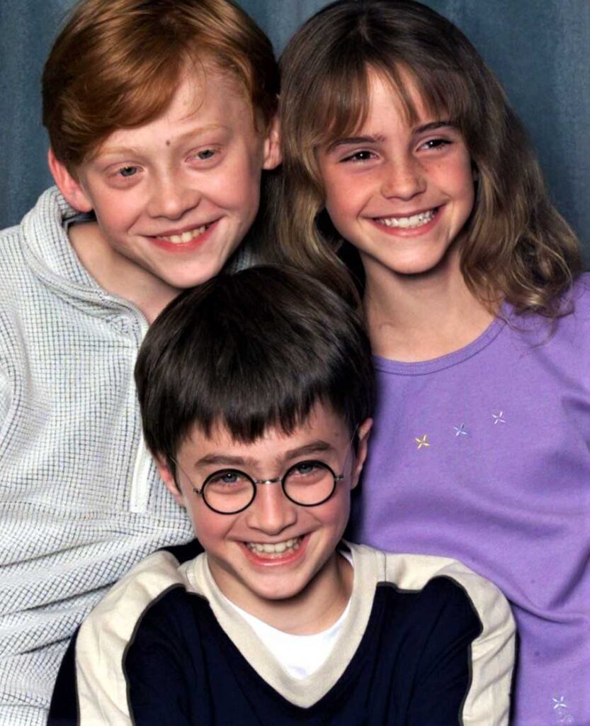 Main cast of Harry Potter on the set of Harry Potter and the Philosopher's Stone (2001).