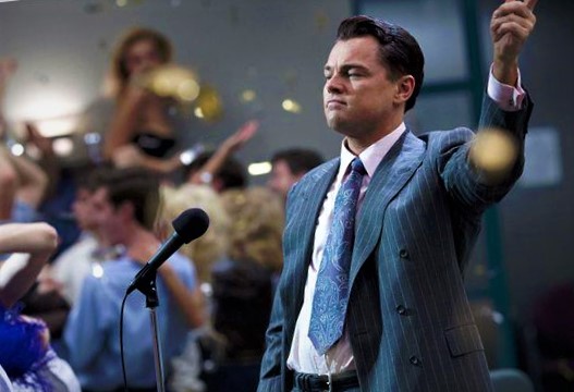 Jordan Belfort (Leonardo DiCaprio) giving a speech in the 2013 biographical black comedy crime film.