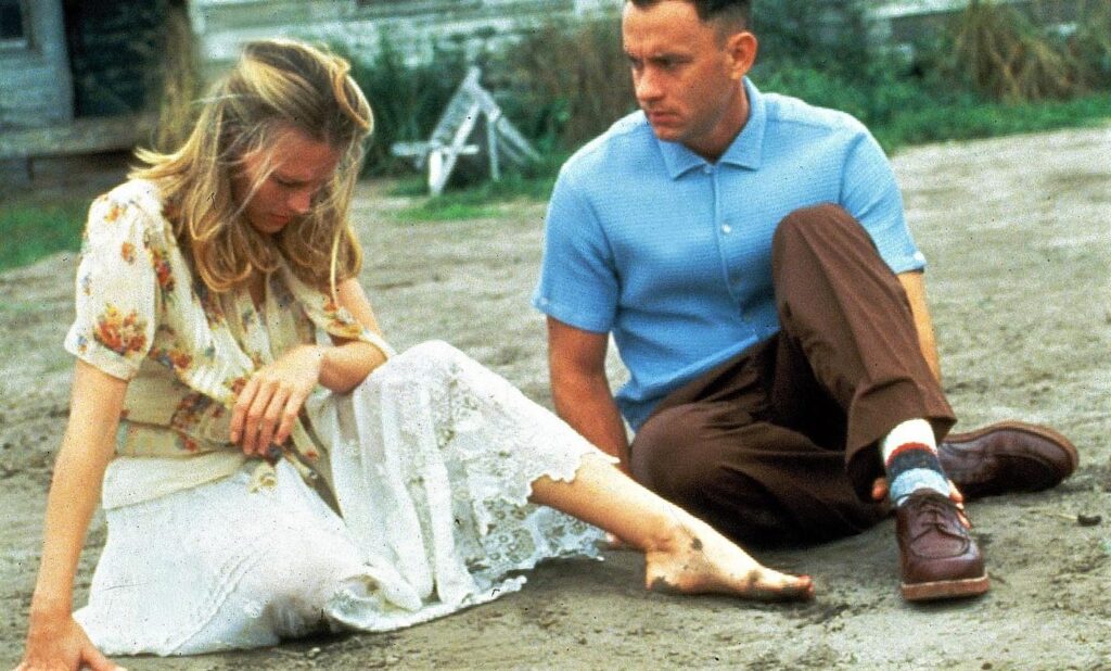 Robin Wright as Jenny Curran and Tom Hanks as Forrest Gump in the 1994 romance drama film Forrest Gump.