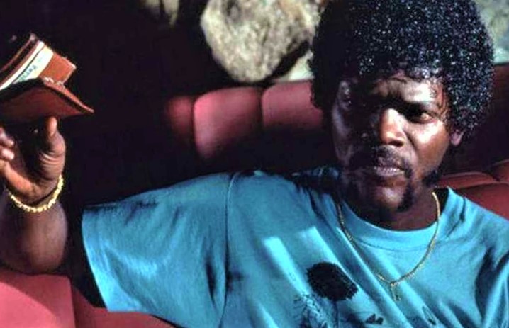 Samuel L. Jackson holding the 'Bad Mother Fucker' wallet in Pulp Fiction (1994)