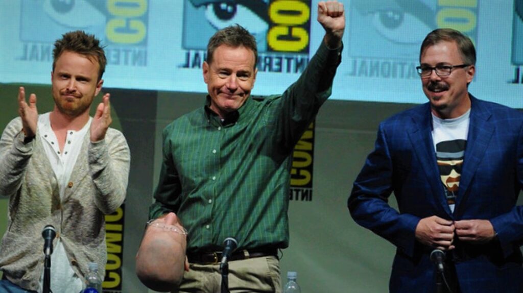 the actors of Breaking Bad Aaron Paul, Bryan Cranston with the creator of the show Vince Gilligan
